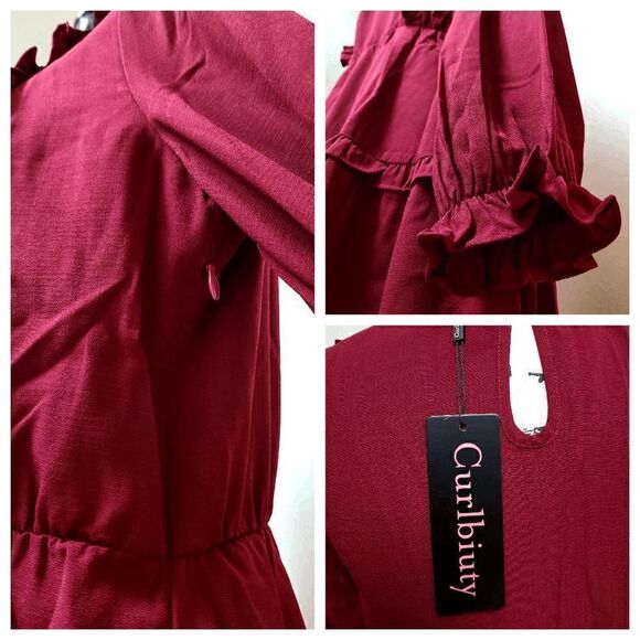 NWT Modest Elegant Long Sleeve Retro Vintage Victorian Ruffle Red Midi Dress L - Picture 13 of 16